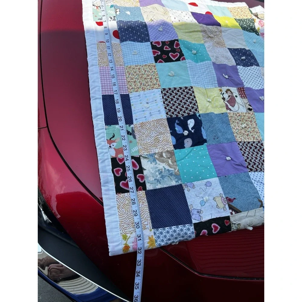 Handmade Patchwork Tie Quilt 51x64 Vintage Fabric Denim Cotton Throw